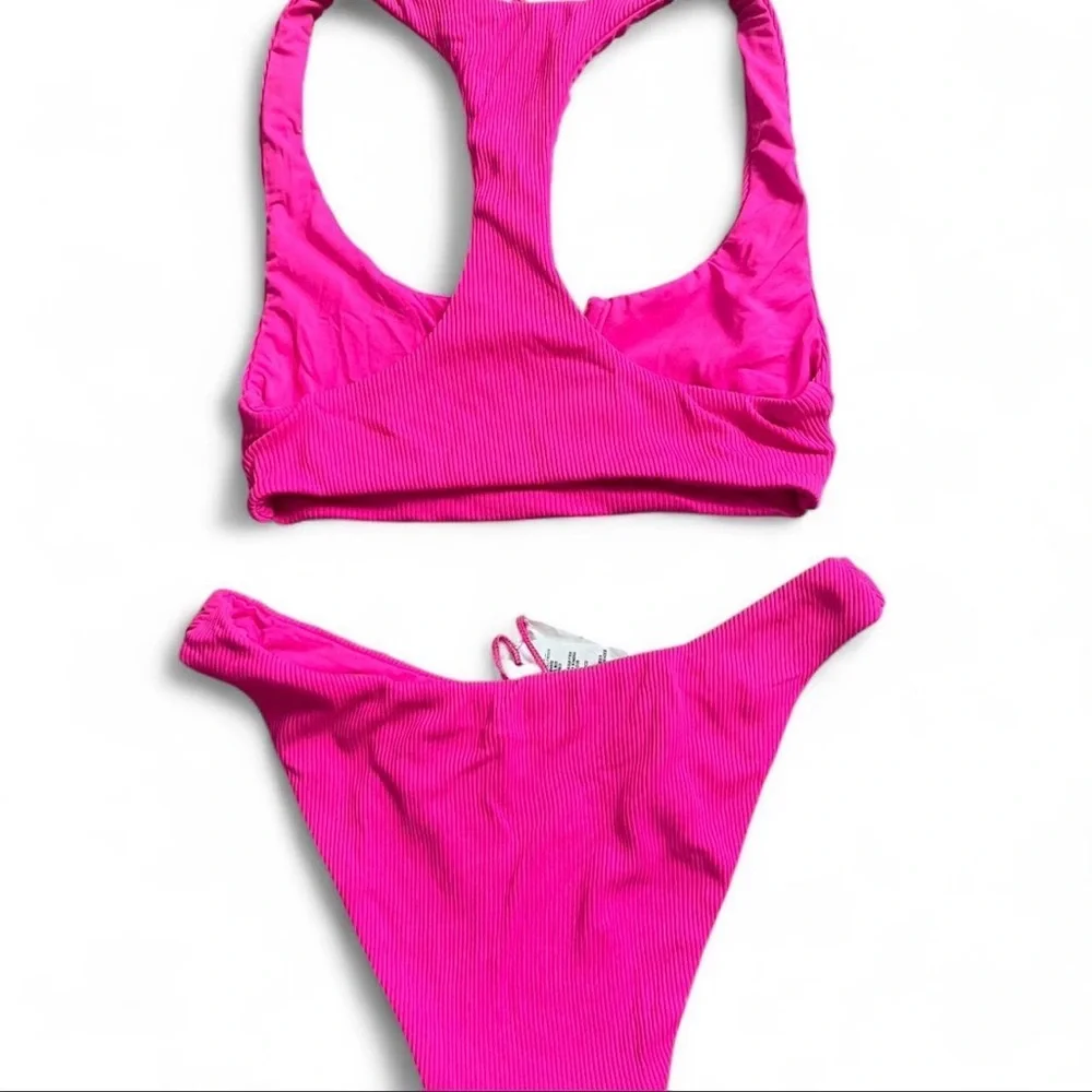 Frankie's Bikinis Hot Pink Ribbed V-Neck Bikini Set
